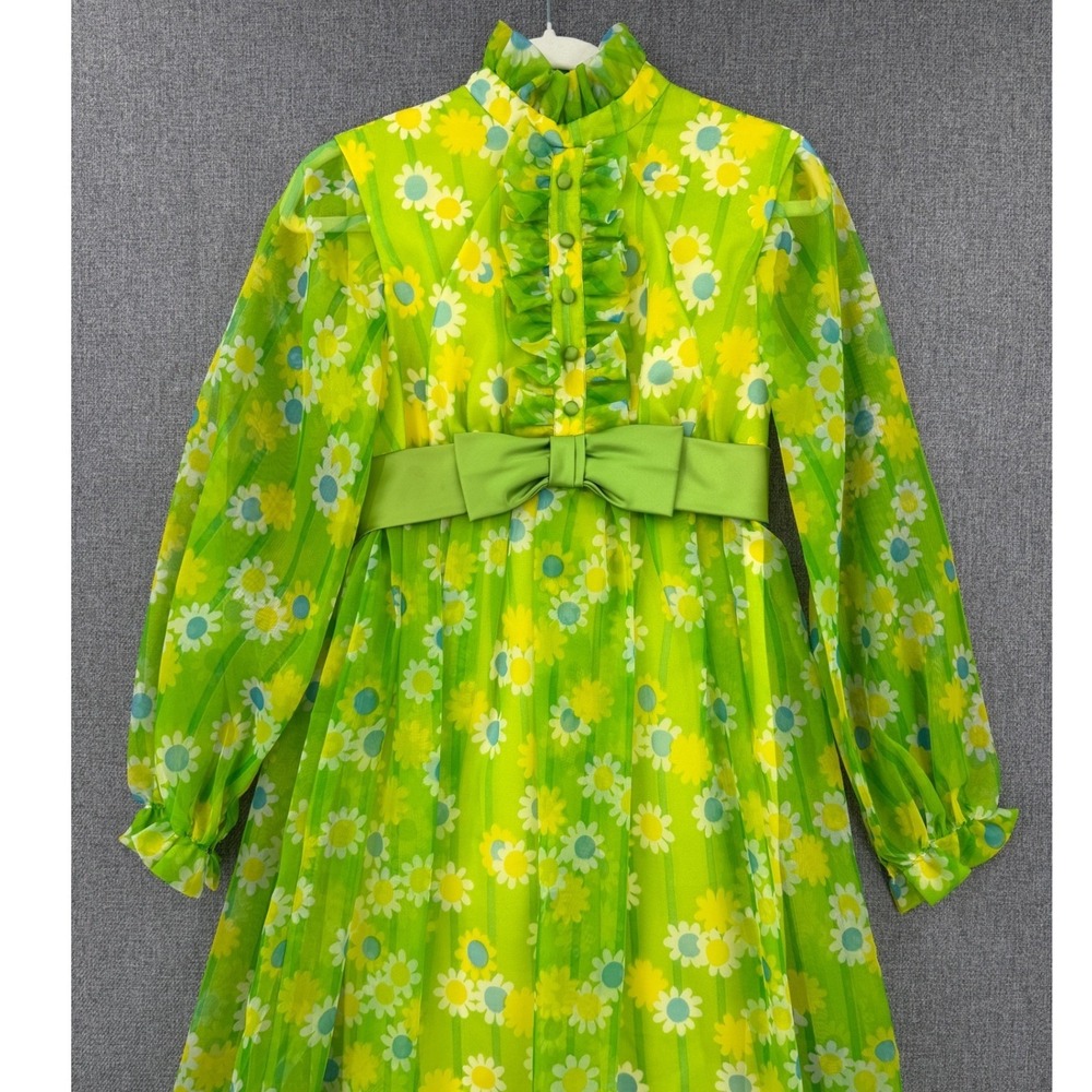 60s 70s VTG Green Daisy Floral Sheer Maxi Dress Ruffle Neck Bow Waist Mod Boho